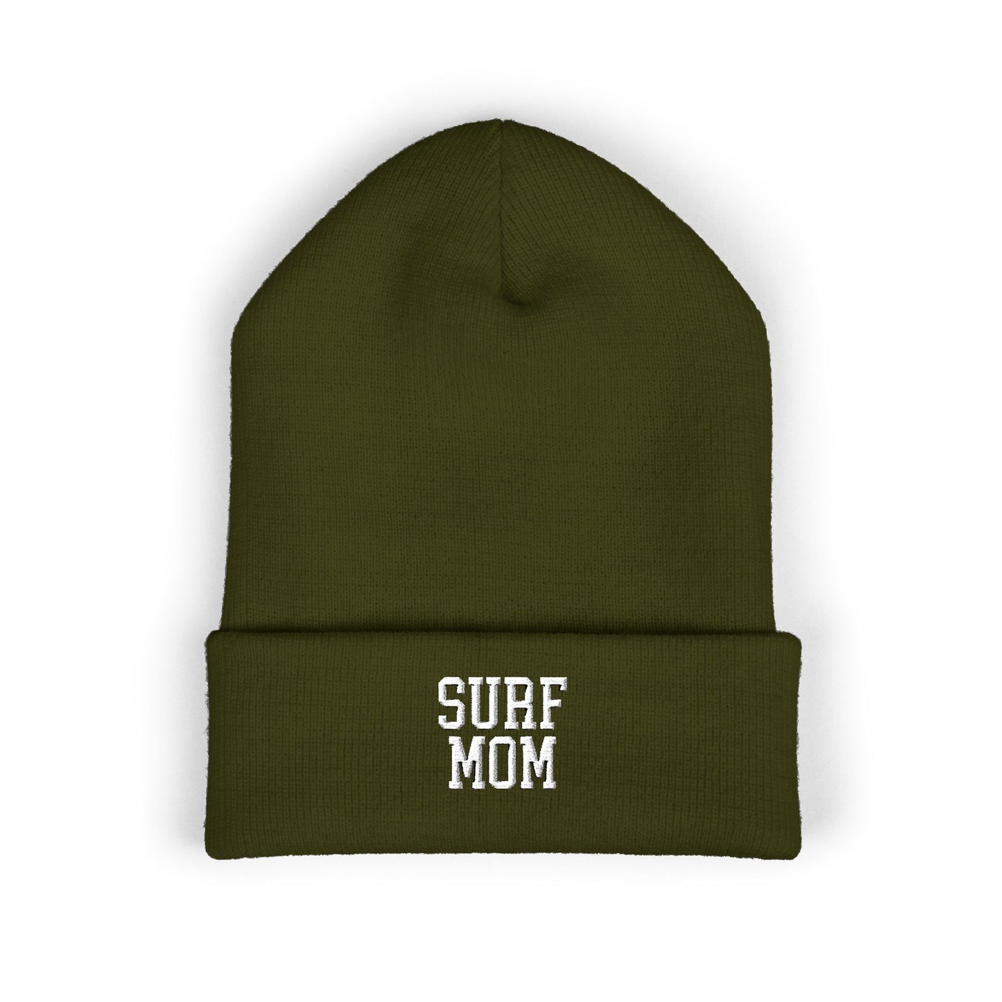 Green beanie with 'SURF MOM' text on a white background