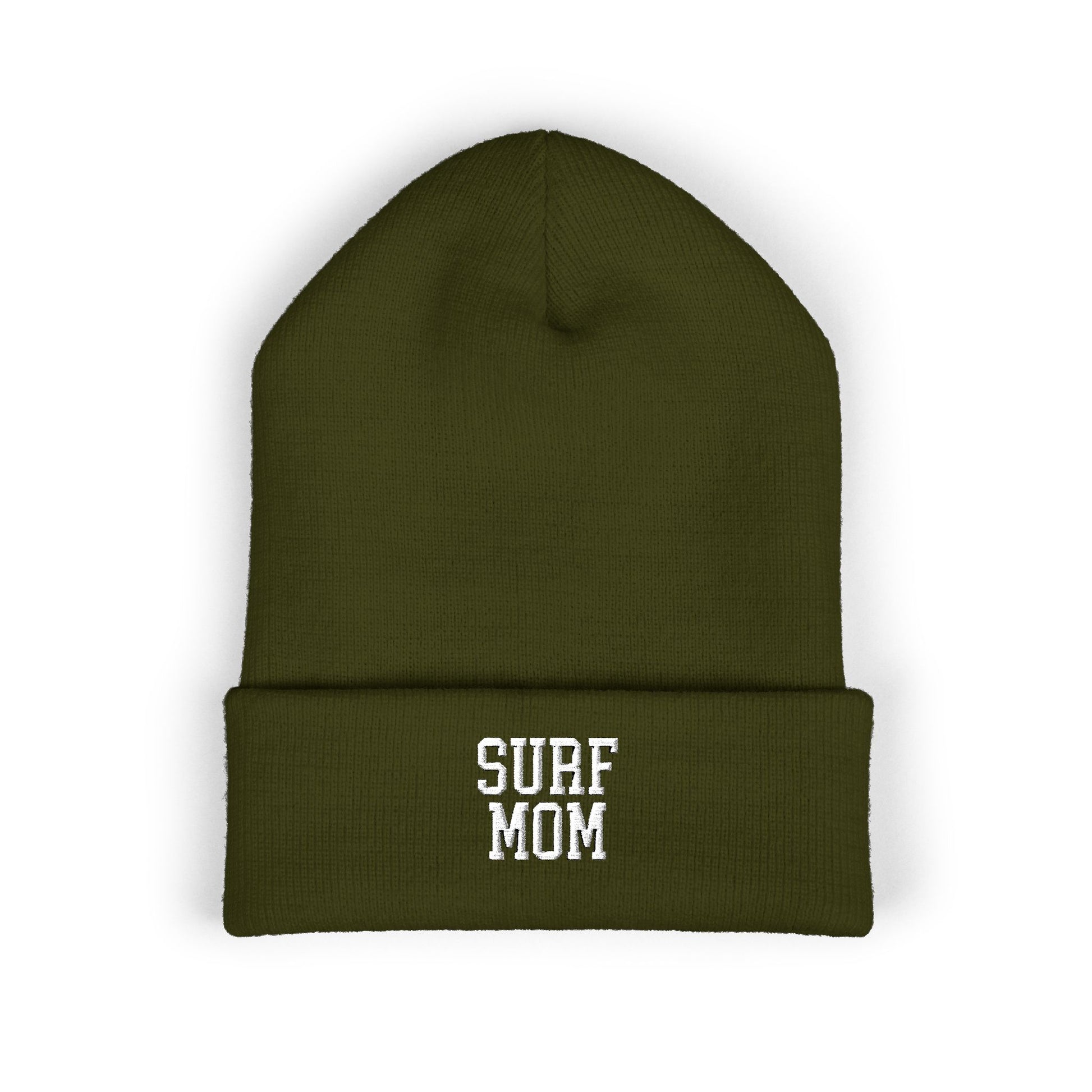 Green beanie with 'SURF MOM' text on a white background
