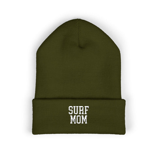 Green beanie with 'SURF MOM' text on a white background