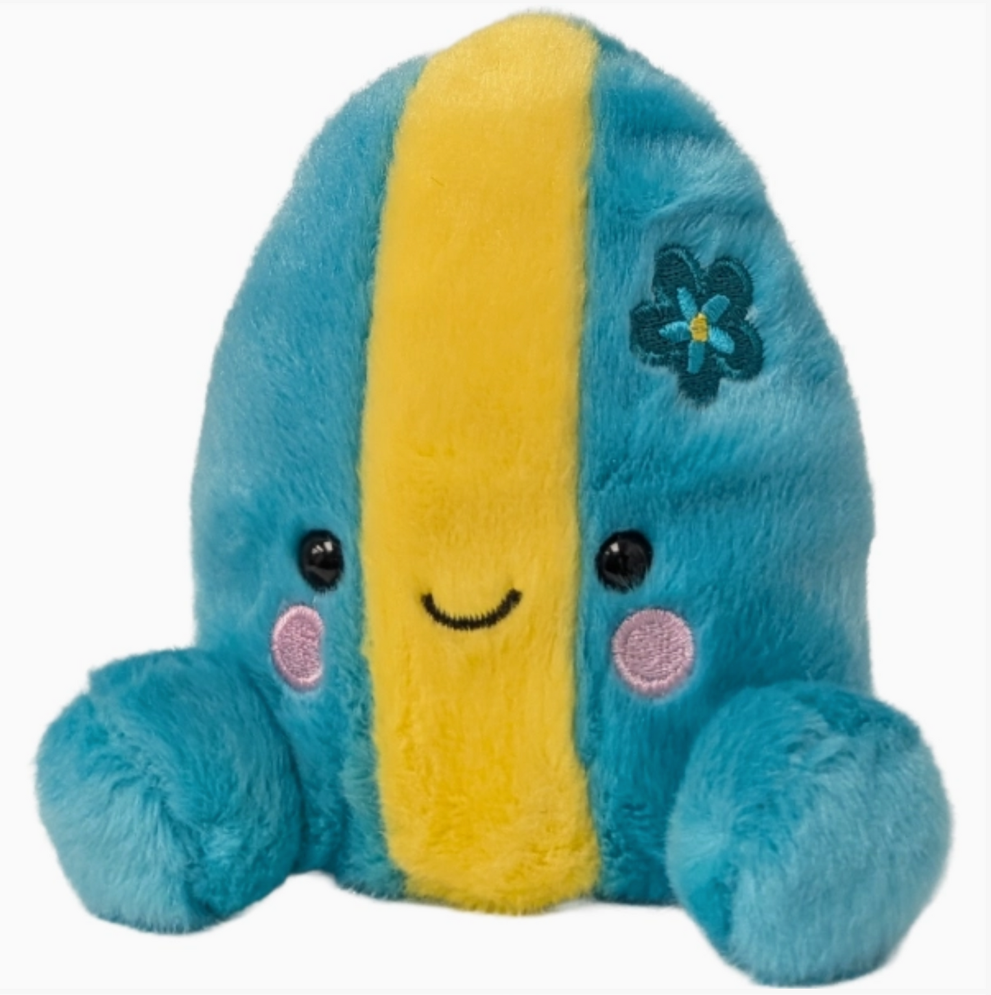 Plush toy with blue and yellow stripes on a white background