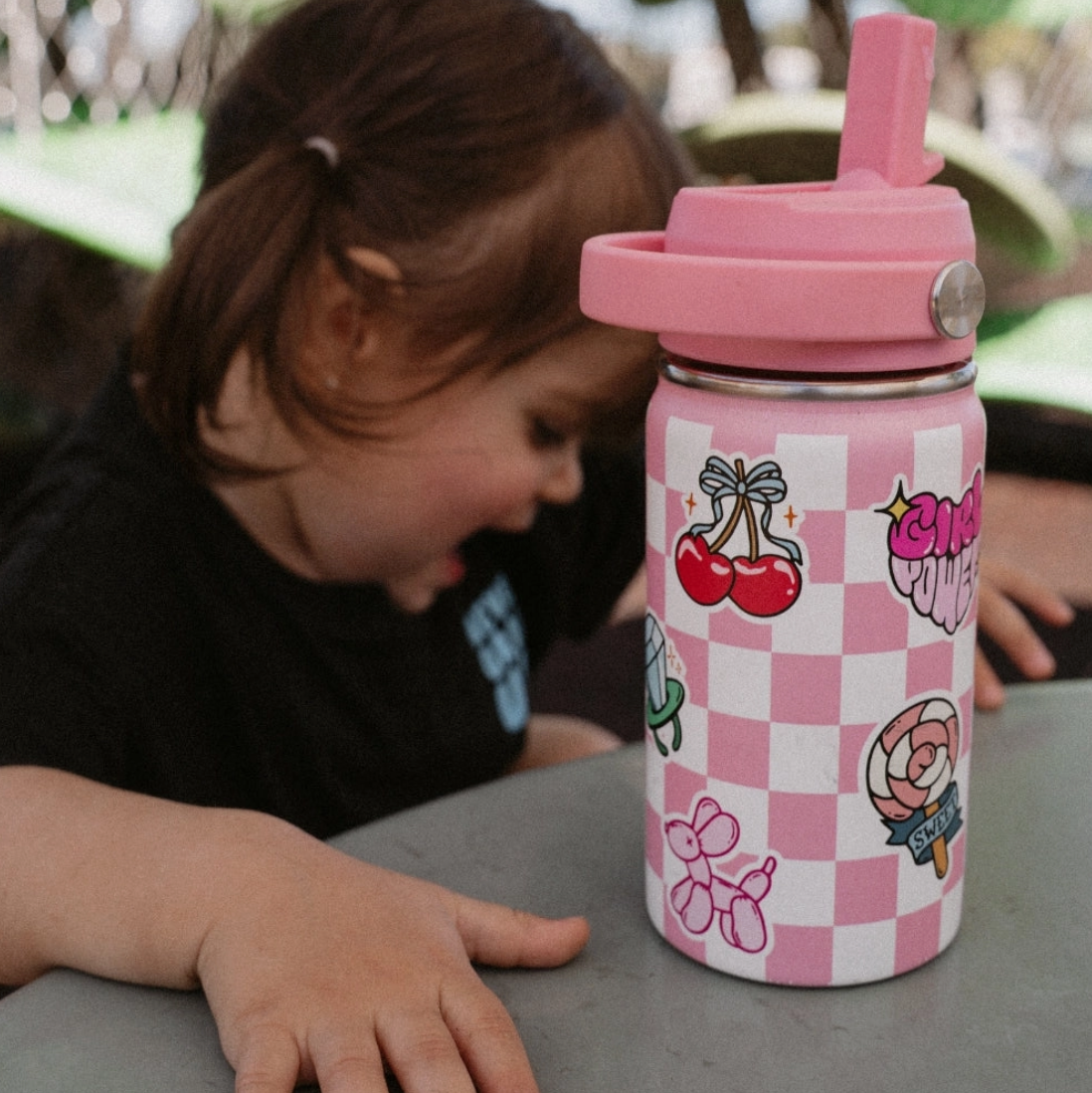 Pink Checkered Water Bottle